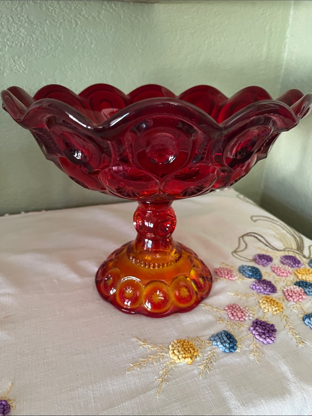 Vintage L.E. Smith Moon & Stars Amberina Pedestal Compote – Cadmium Glow UV